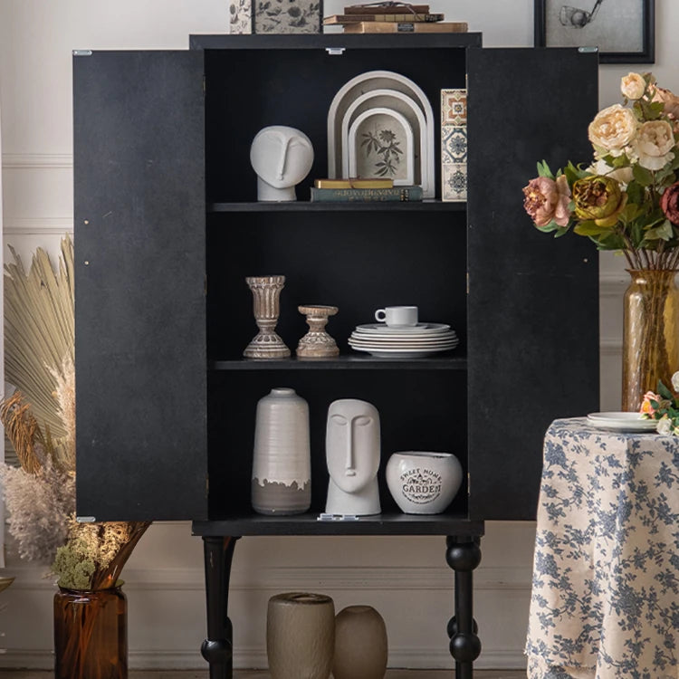 Elegant Black Pine TV Cabinet with Intricate Geometric Carvings - Tall Storage Solution for Modern Interiors hdst-4249