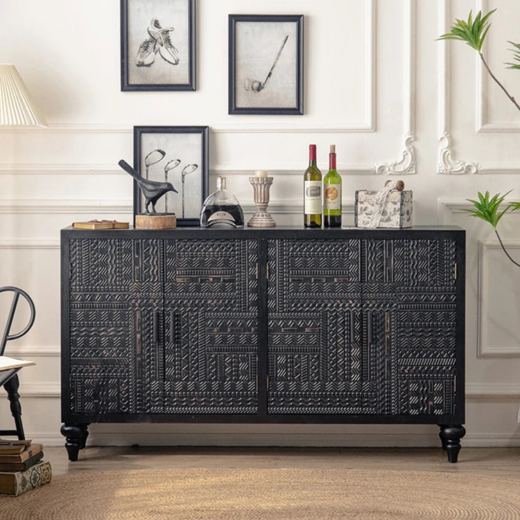 Elegant Black Pine TV Cabinet with Intricate Geometric Carvings - Tall Storage Solution for Modern Interiors hdst-4249