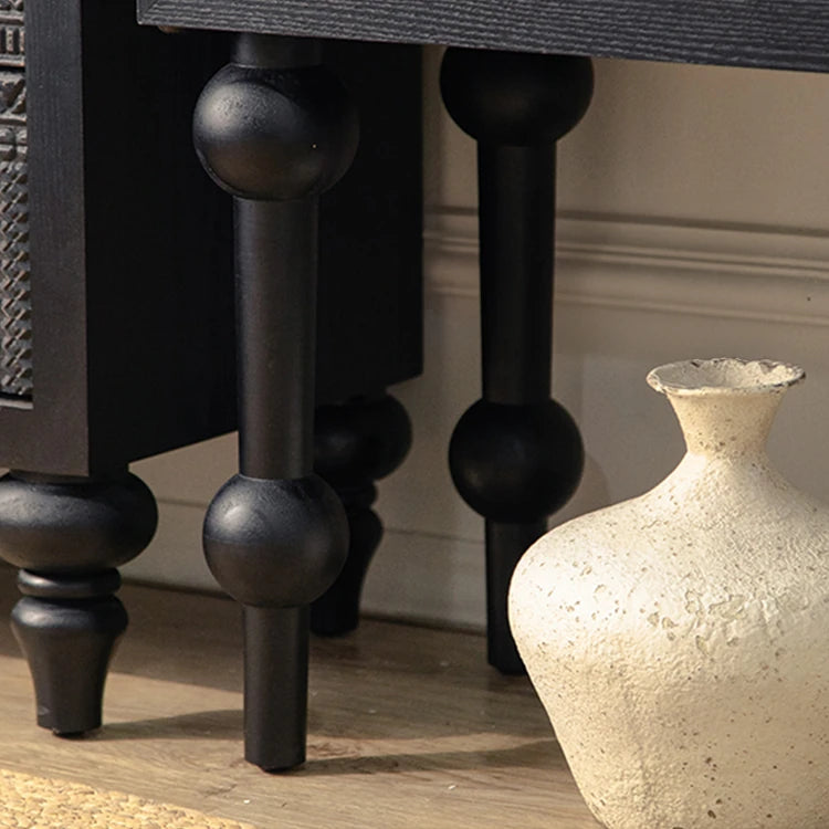 Elegant Black Pine TV Cabinet with Intricate Geometric Carvings - Tall Storage Solution for Modern Interiors hdst-4249