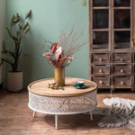 Round Pine Tea Table with Intricate Carved Design - Stylish and Elegant Centerpiece hdst-4301