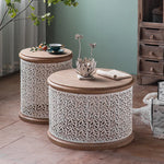 Round Pine Tea Table with Intricate Carved Design - Stylish and Elegant Centerpiece hdst-4301