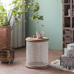 Round Pine Tea Table with Intricate Carved Design - Stylish and Elegant Centerpiece hdst-4301