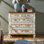 Elegant Pine Wood Finish Cabinet with Floral Design – 4 Drawers Storage Chest for Home Décor hfgxc-4863