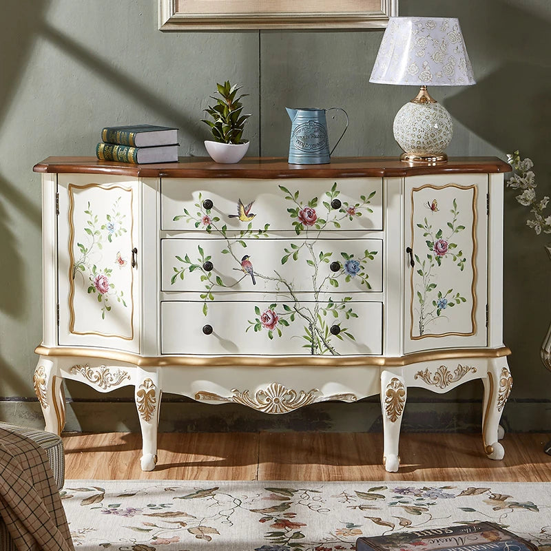 Elegant Pine Wood Finish Cabinet with Floral Design – 4 Drawers Storage Chest for Home Décor hfgxc-4863