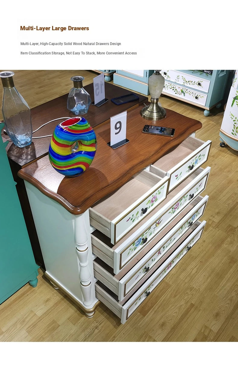 Elegant Pine Wood Finish Cabinet with Floral Design – 4 Drawers Storage Chest for Home Décor hfgxc-4863