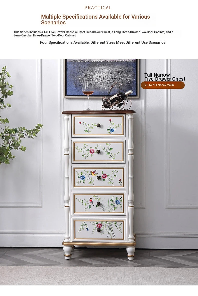 Elegant Pine Wood Finish Cabinet with Floral Design – 4 Drawers Storage Chest for Home Décor hfgxc-4863