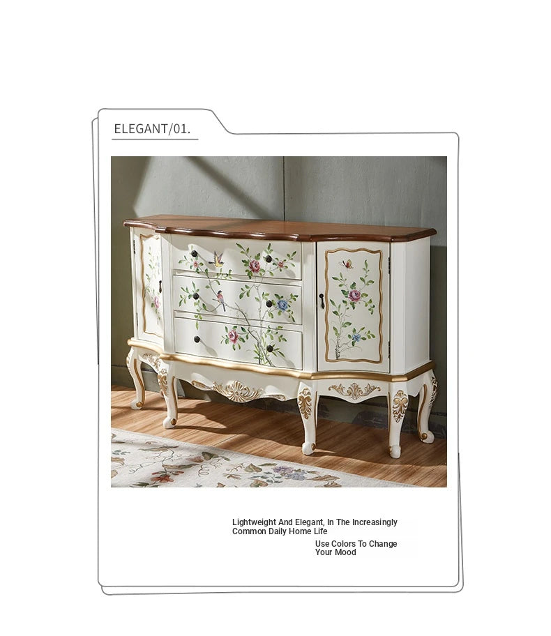 Elegant Pine Density Board Cabinet with Hand-Painted Floral Design – Vintage Storage Solution for Home Decor hfgxc-4864