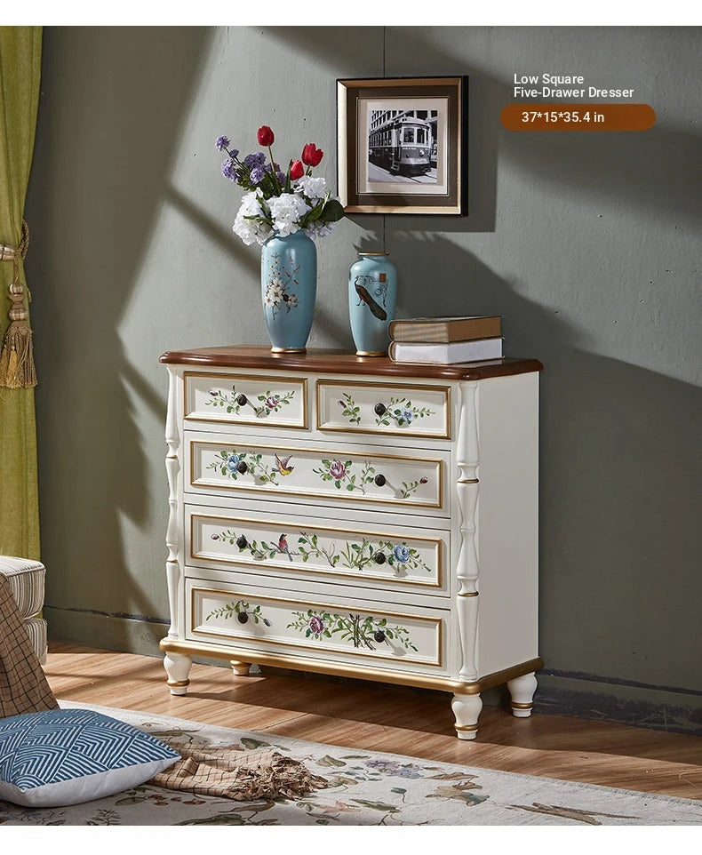 Elegant Pine Density Board Cabinet with Hand-Painted Floral Design – Vintage Storage Solution for Home Decor hfgxc-4864