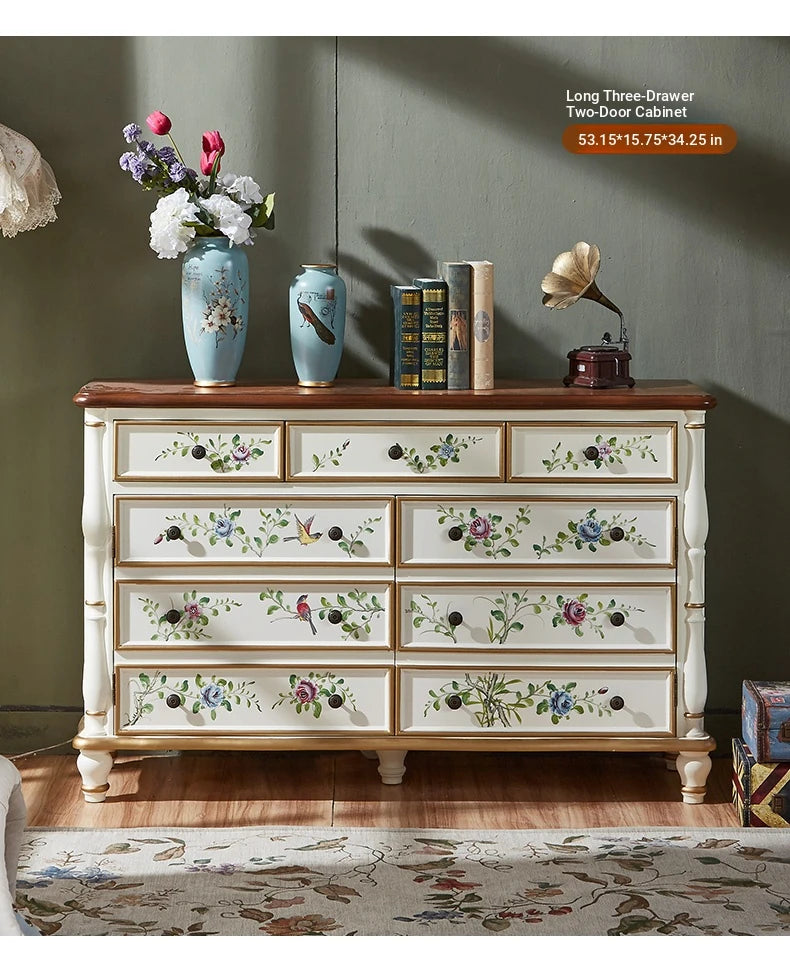 Elegant Pine Density Board Cabinet with Hand-Painted Floral Design – Vintage Storage Solution for Home Decor hfgxc-4864
