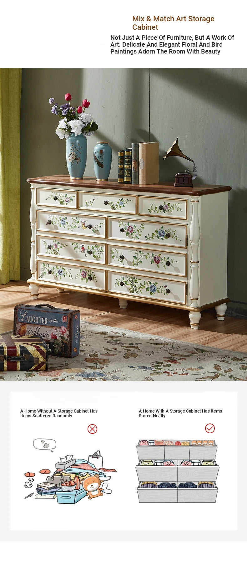 Elegant Pine Density Board Cabinet with Floral Design – Stylish Storage Solution for Home Decor hfgxc-4865