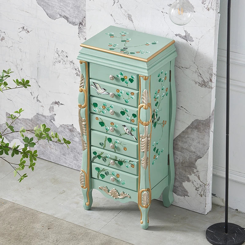 Elegant Vintage Green Cabinet with Decorative Bird and Floral Design – Stylish Storage Solution for Every Room hfgxc-4869