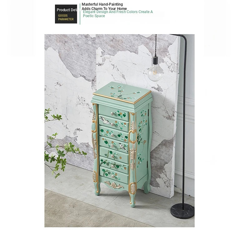 Elegant Vintage Green Cabinet with Decorative Bird and Floral Design – Stylish Storage Solution for Every Room hfgxc-4869