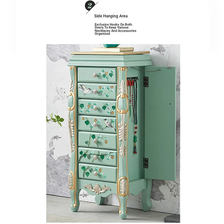 Elegant Vintage Green Cabinet with Decorative Bird and Floral Design – Stylish Storage Solution for Every Room hfgxc-4869