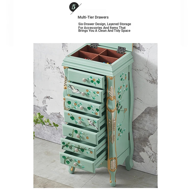 Elegant Vintage Green Cabinet with Decorative Bird and Floral Design – Stylish Storage Solution for Every Room hfgxc-4869