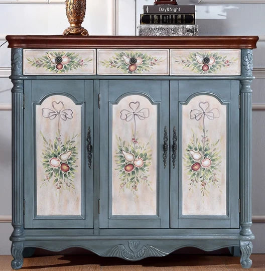Elegant Floral Design Cabinet - Stylish Storage Solution in Graceful Blue and White Finish hfgxc-4873