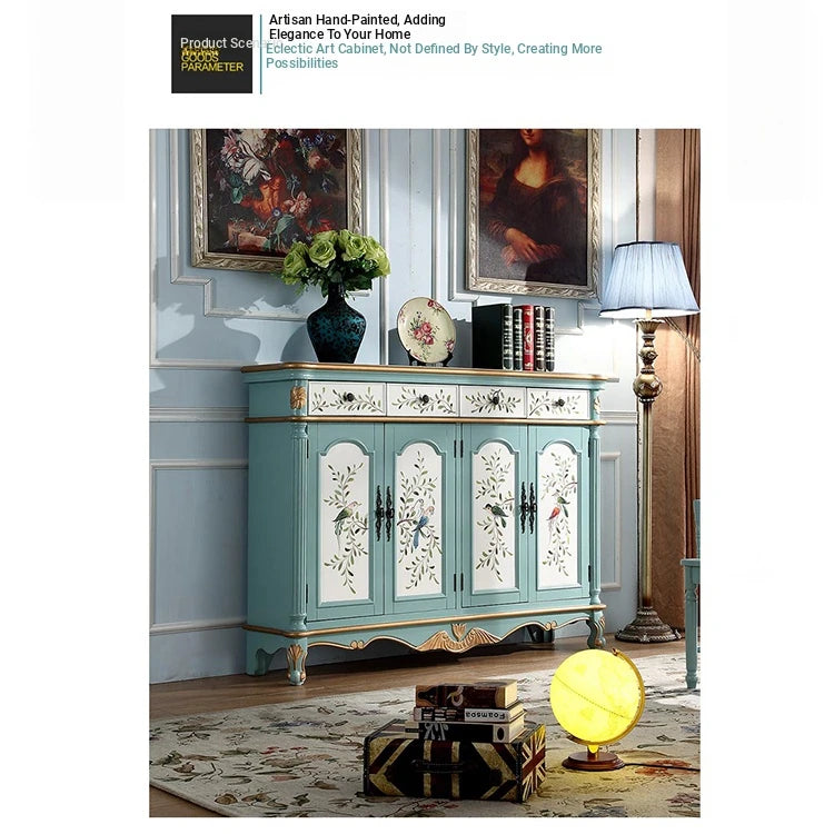 Elegant Floral Design Cabinet - Stylish Storage Solution in Graceful Blue and White Finish hfgxc-4873