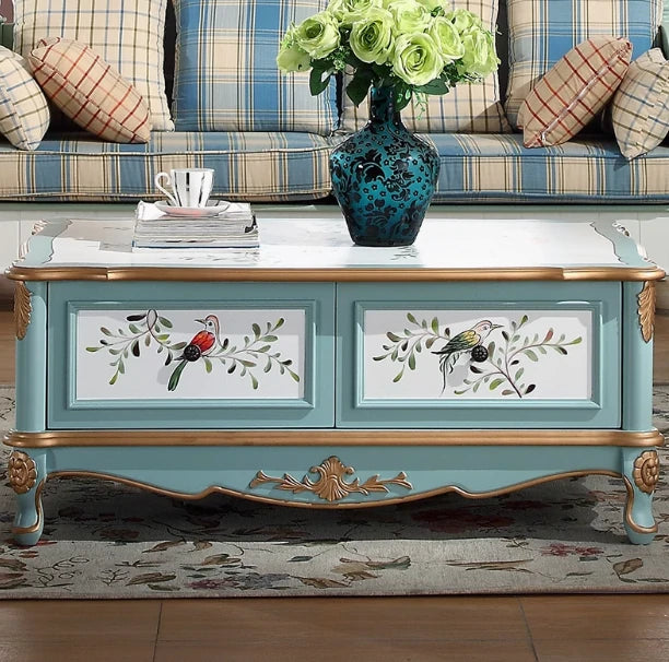 Elegant Antique-Style Tea Table with Bird Design – Birch Density Board Coffee Table for Living Room Decor hfgxc-4875