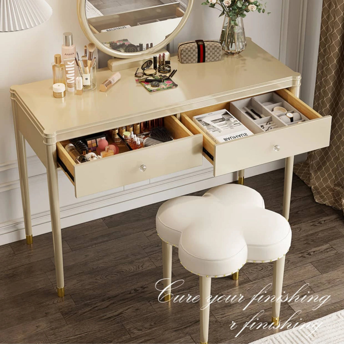 Elegant Pine Glass Makeup Table with Mirror & Storage – Perfect for Your Beauty Routine hgl-4332