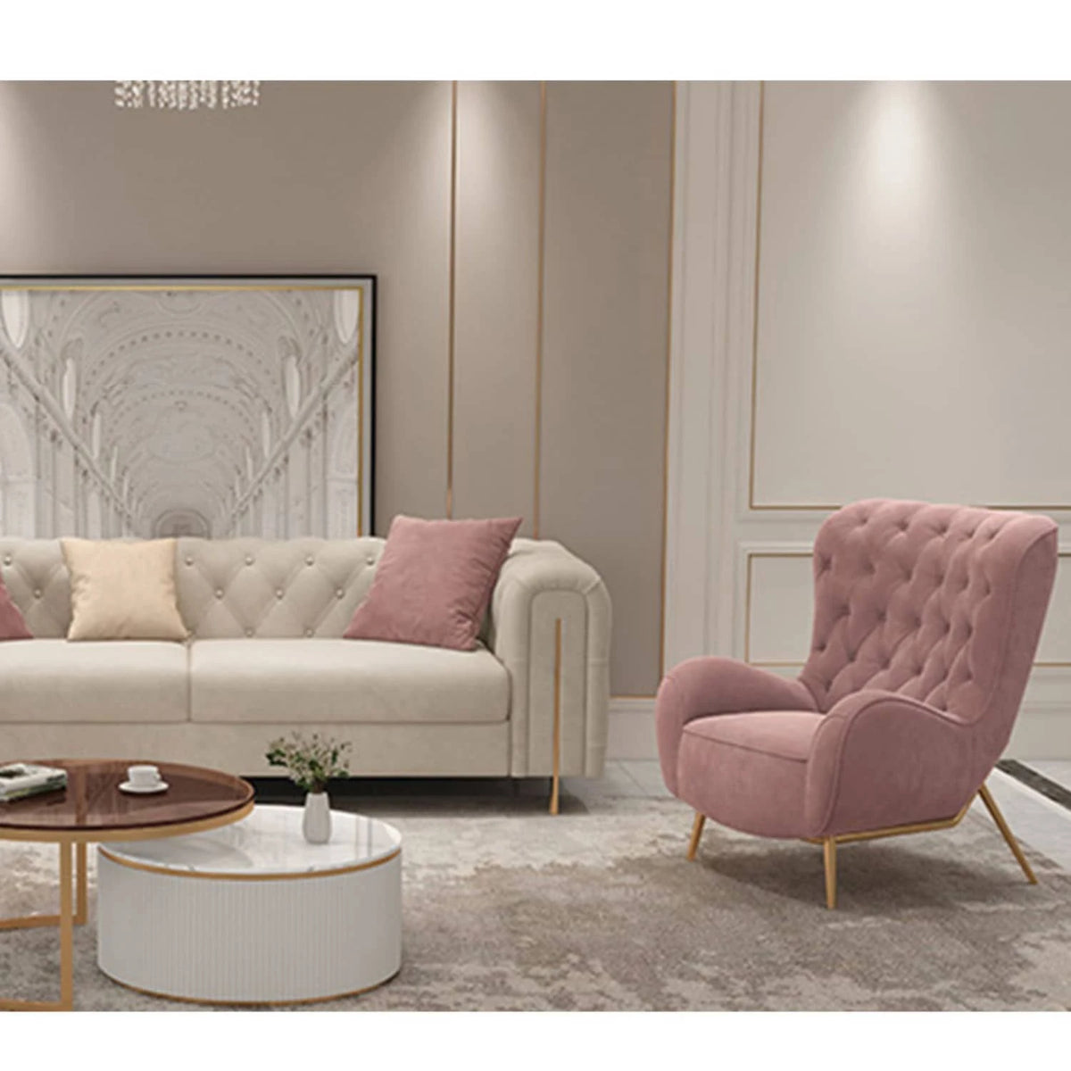 Elegant Pink Velvet Tufted Chair with Solid Wood Legs - Perfect for Modern Living Rooms hgl-4344