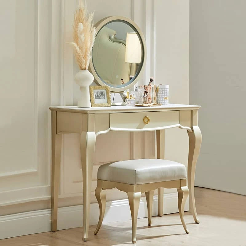 Elegant Vanity Table Set with Mirror and Cushioned Stool – Beech Wood & Pine Finish hgl-4358