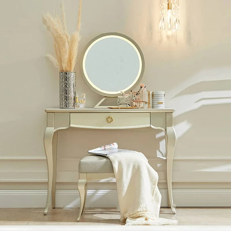 Elegant Vanity Table Set with Mirror and Cushioned Stool – Beech Wood & Pine Finish hgl-4358