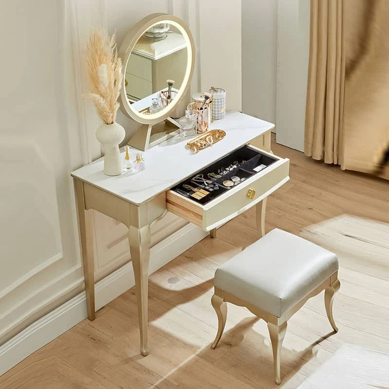 Elegant Vanity Table Set with Mirror and Cushioned Stool – Beech Wood & Pine Finish hgl-4358