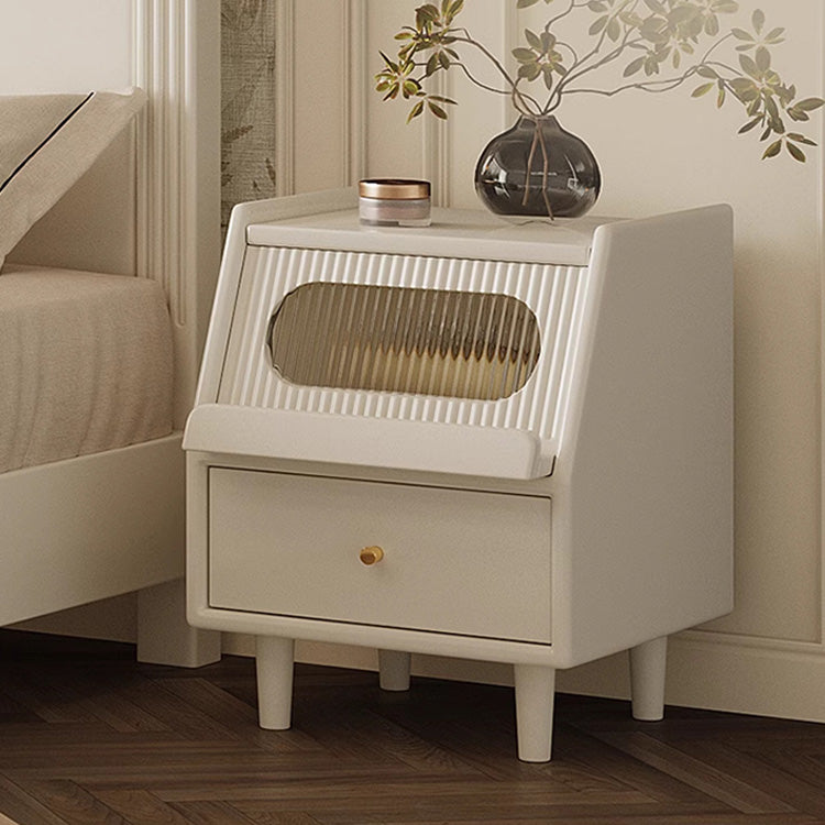 Stylish White Rubber Wood Bedside Cupboard with Glass & Ash Wood Accents hglna-1457