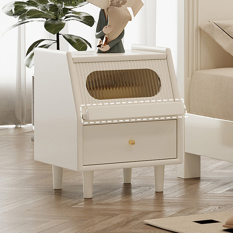 Stylish White Rubber Wood Bedside Cupboard with Glass & Ash Wood Accents hglna-1457