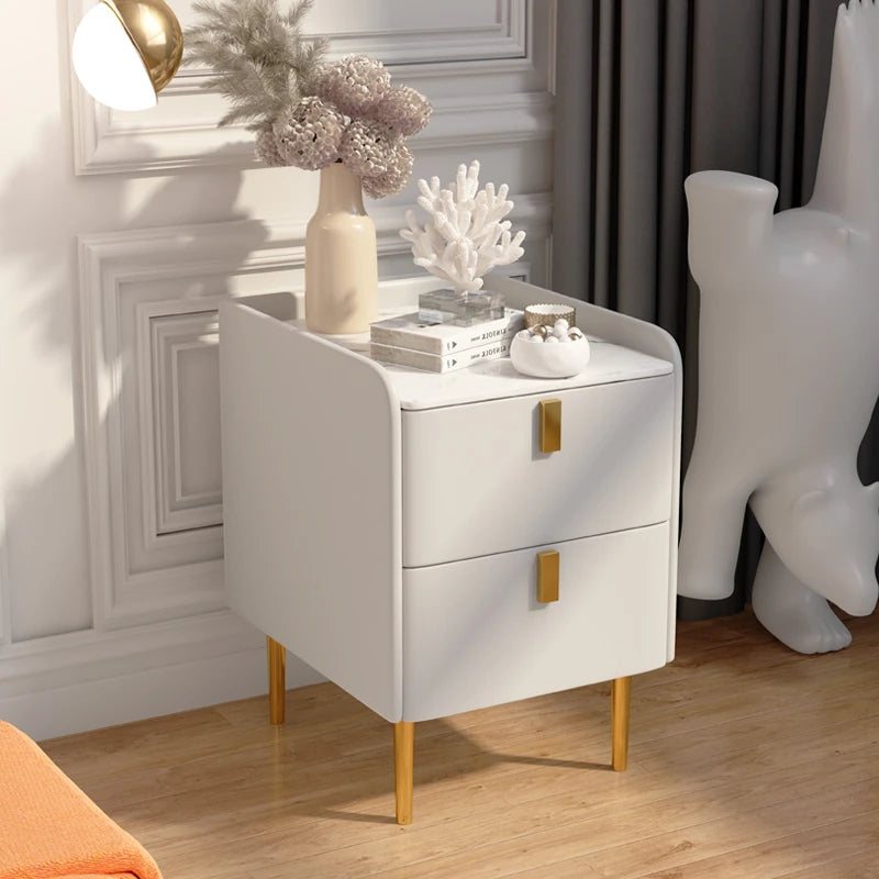 Stylish Pink and Cream Nightstand with Sintered Stone Top and Faux Leather Accents - Modern Bedroom Storage Solution hjd-3145