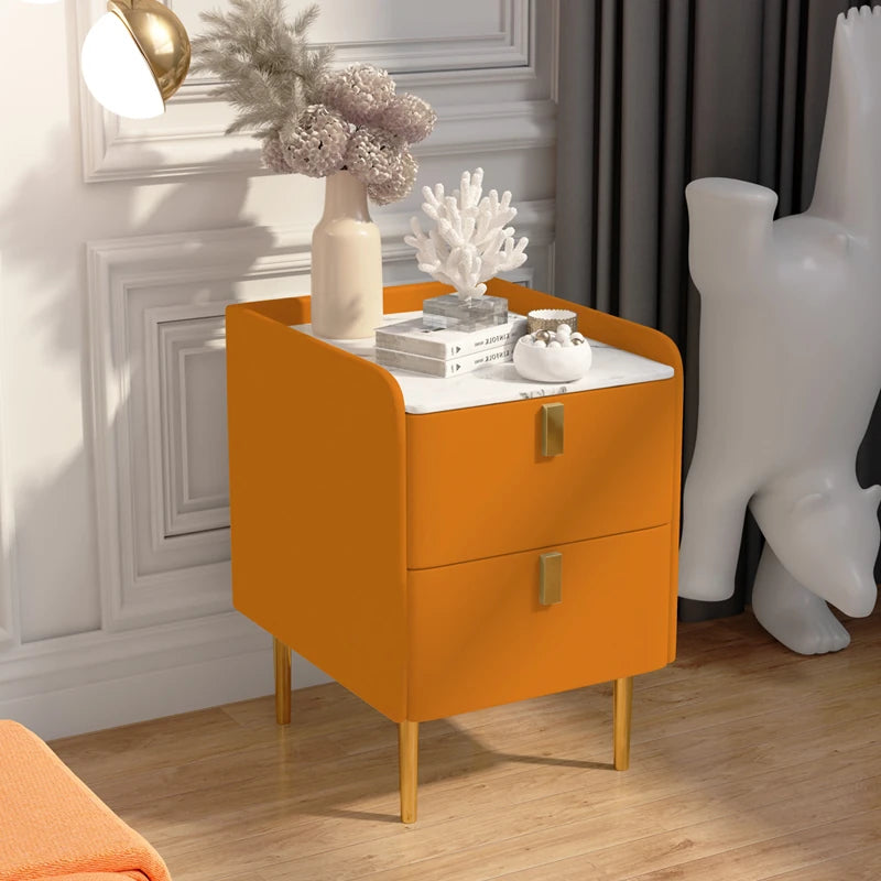 Stylish Pink and Cream Nightstand with Sintered Stone Top and Faux Leather Accents - Modern Bedroom Storage Solution hjd-3145