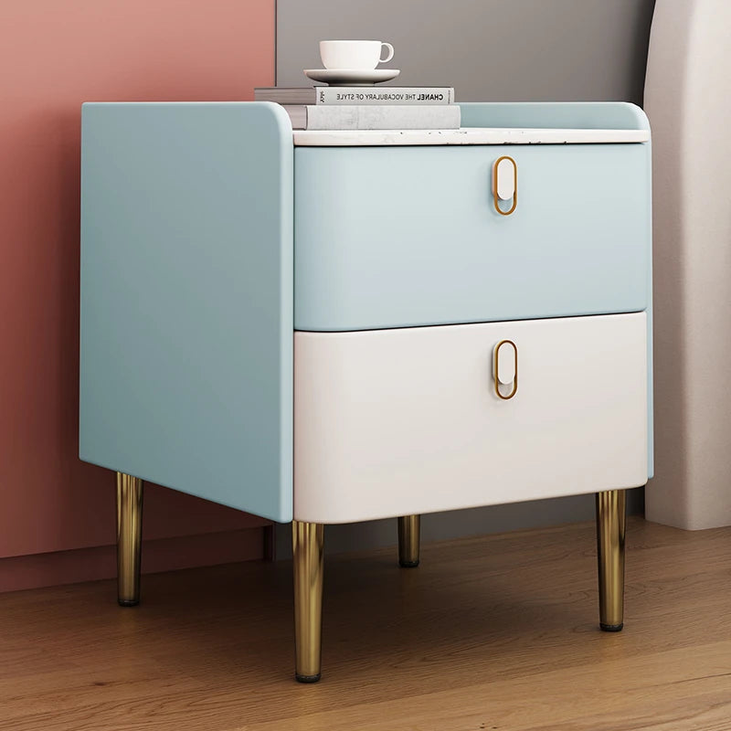 Stylish Pink and Cream Nightstand with Sintered Stone Top and Faux Leather Accents - Modern Bedroom Storage Solution hjd-3145