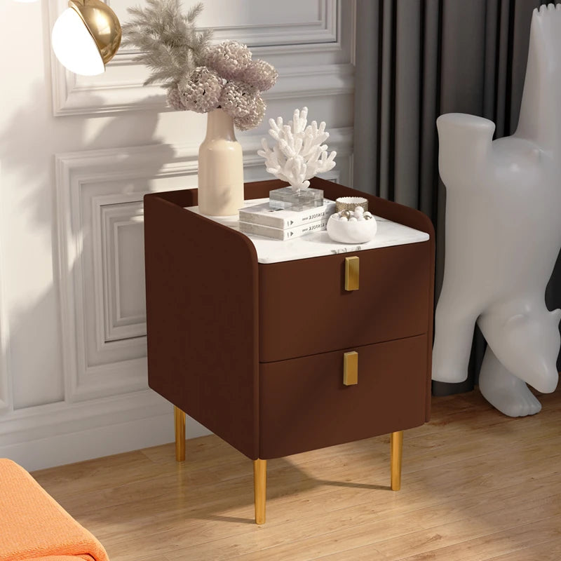 Stylish Pink and Cream Nightstand with Sintered Stone Top and Faux Leather Accents - Modern Bedroom Storage Solution hjd-3145