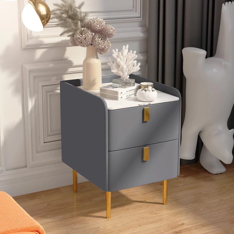 Stylish Pink and Cream Nightstand with Sintered Stone Top and Faux Leather Accents - Modern Bedroom Storage Solution hjd-3145