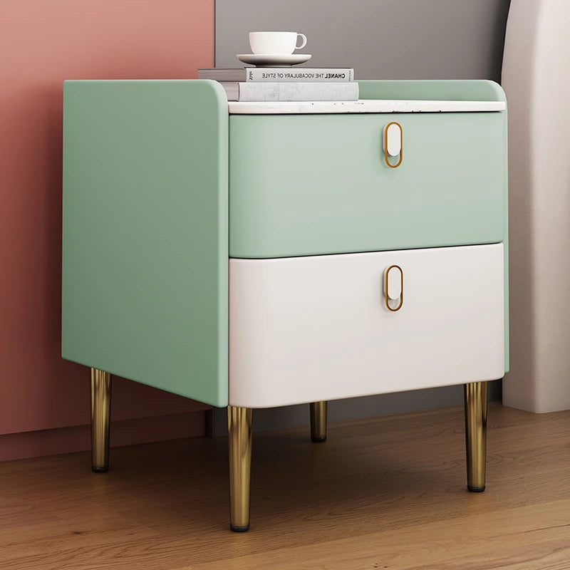 Stylish Pink and Cream Nightstand with Sintered Stone Top and Faux Leather Accents - Modern Bedroom Storage Solution hjd-3145