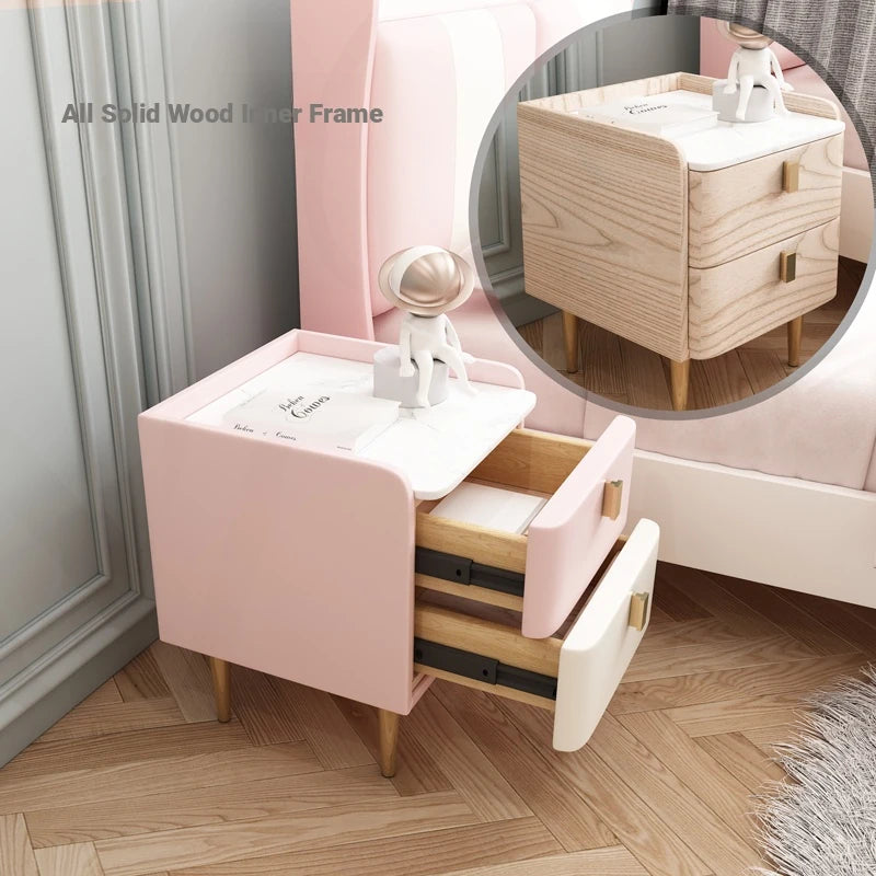 Stylish Pink and Cream Nightstand with Sintered Stone Top and Faux Leather Accents - Modern Bedroom Storage Solution hjd-3145