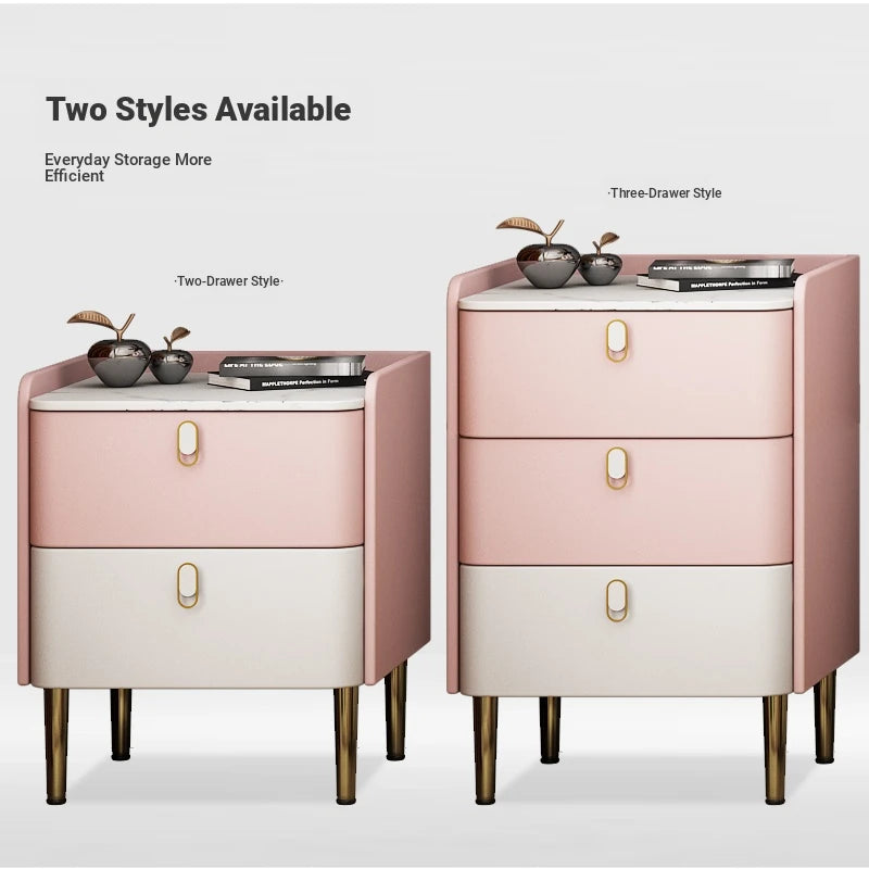 Stylish Pink and Cream Nightstand with Sintered Stone Top and Faux Leather Accents - Modern Bedroom Storage Solution hjd-3145