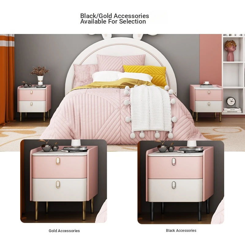 Stylish Pink and Cream Nightstand with Sintered Stone Top and Faux Leather Accents - Modern Bedroom Storage Solution hjd-3145
