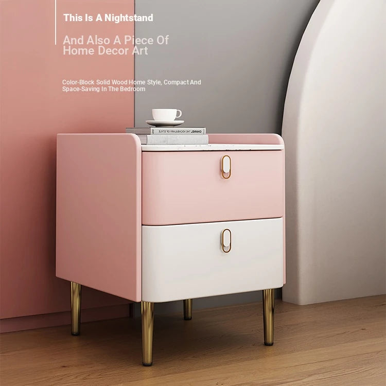 Stylish Pink and Cream Nightstand with Sintered Stone Top and Faux Leather Accents - Modern Bedroom Storage Solution hjd-3145
