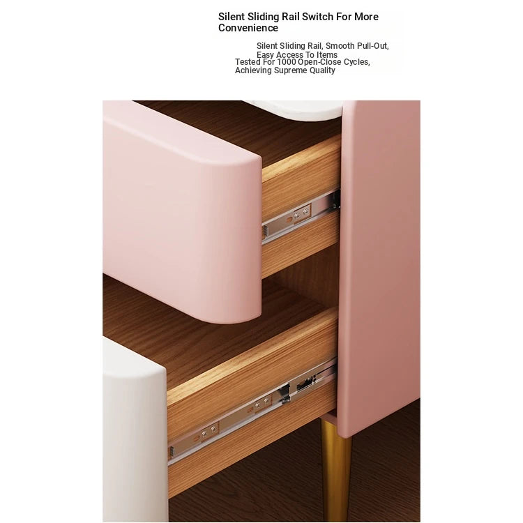 Stylish Pink and Cream Nightstand with Sintered Stone Top and Faux Leather Accents - Modern Bedroom Storage Solution hjd-3145
