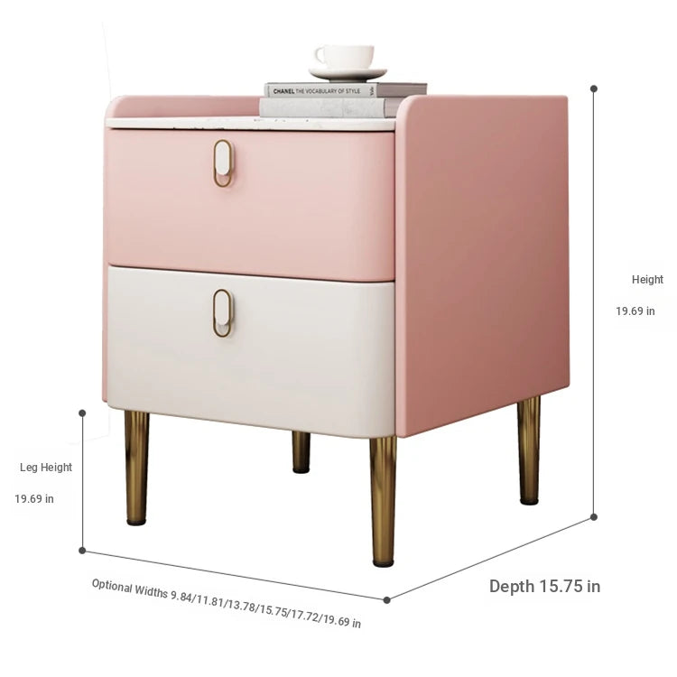 Stylish Pink and Cream Nightstand with Sintered Stone Top and Faux Leather Accents - Modern Bedroom Storage Solution hjd-3145