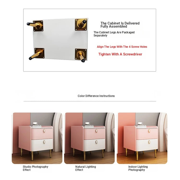Stylish Pink and Cream Nightstand with Sintered Stone Top and Faux Leather Accents - Modern Bedroom Storage Solution hjd-3145