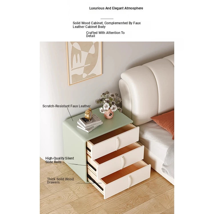 Stylish Solid Wood Nightstand with Faux Leather Finish – Modern 3-Drawer Bedroom Storage Solution hjd-3147