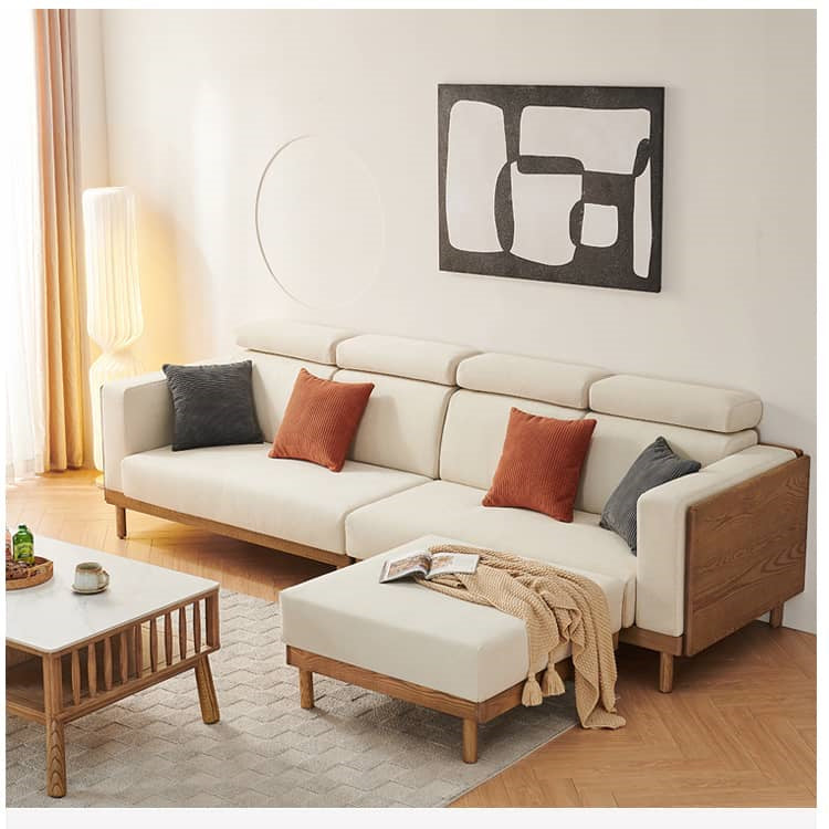 Elegant Beige Brown Suede Sofa with Ash Wood Frame - Perfect for Modern Living Rooms hjhms-1037