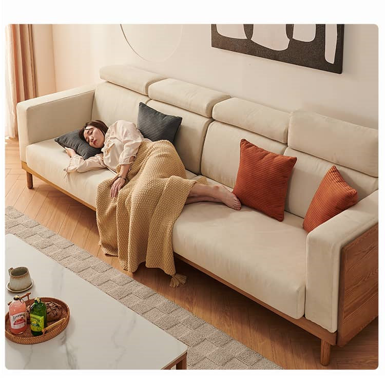 Elegant Beige Brown Suede Sofa with Ash Wood Frame - Perfect for Modern Living Rooms hjhms-1037