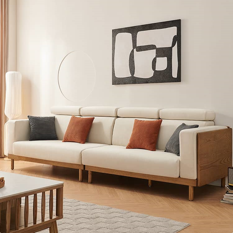 Elegant Beige Brown Suede Sofa with Ash Wood Frame - Perfect for Modern Living Rooms hjhms-1037