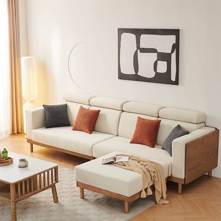 Elegant Beige Brown Suede Sofa with Ash Wood Frame - Perfect for Modern Living Rooms hjhms-1037