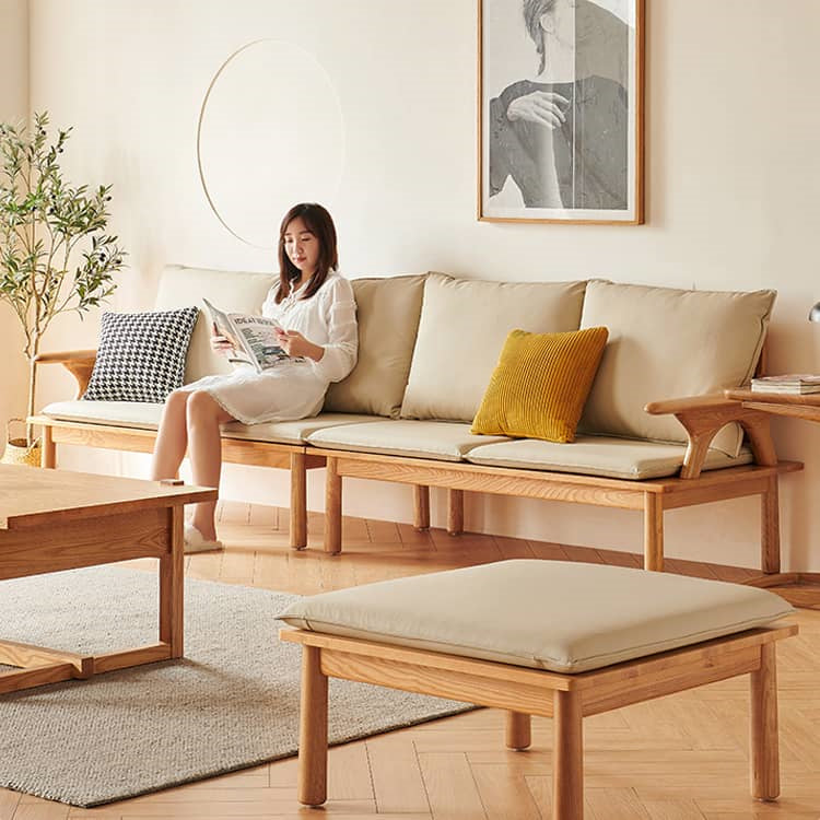 Stylish Beige Sofa with Natural Brown Ash Wood Accents and Faux Leather Finish hjhms-1038