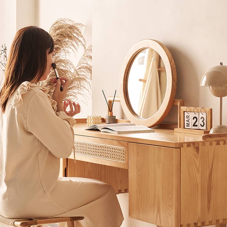 Elegant Natural Ash Wood Makeup Table with Rattan Accents and Glass Top hjhms-1039