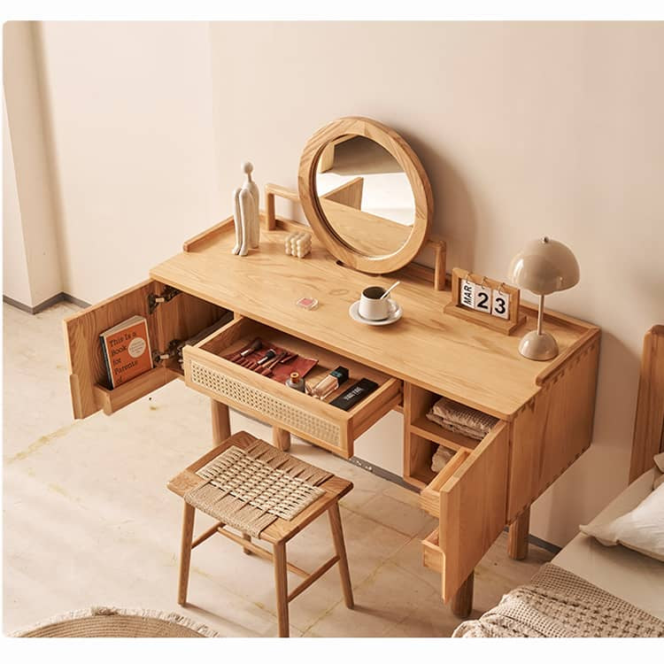 Elegant Natural Ash Wood Makeup Table with Rattan Accents and Glass Top hjhms-1039