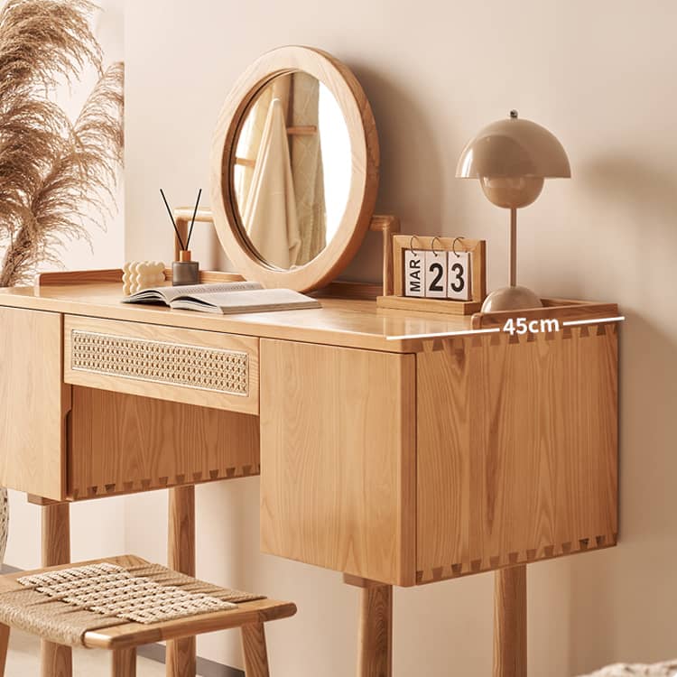 Elegant Natural Ash Wood Makeup Table with Rattan Accents and Glass Top hjhms-1039